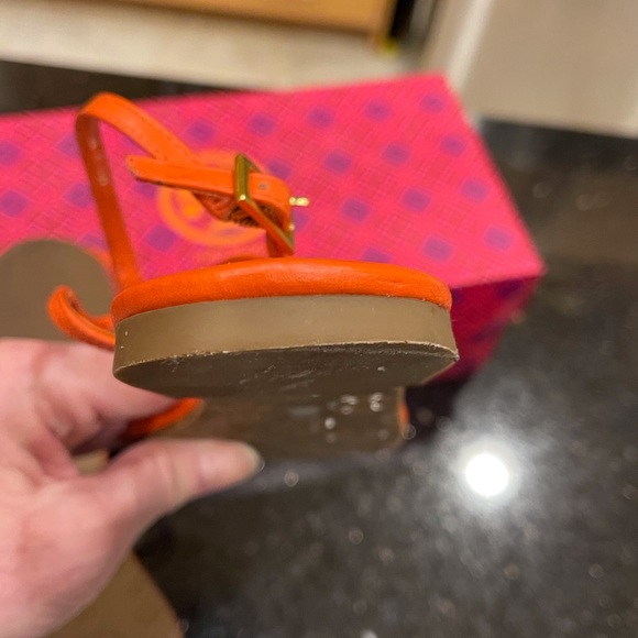 TORY BURCH 8.5M BRIGHT POPPY ORANGE MINI MILLER TYPE ALL LEATHER STRAP SANDALS - Picture 15 of 15